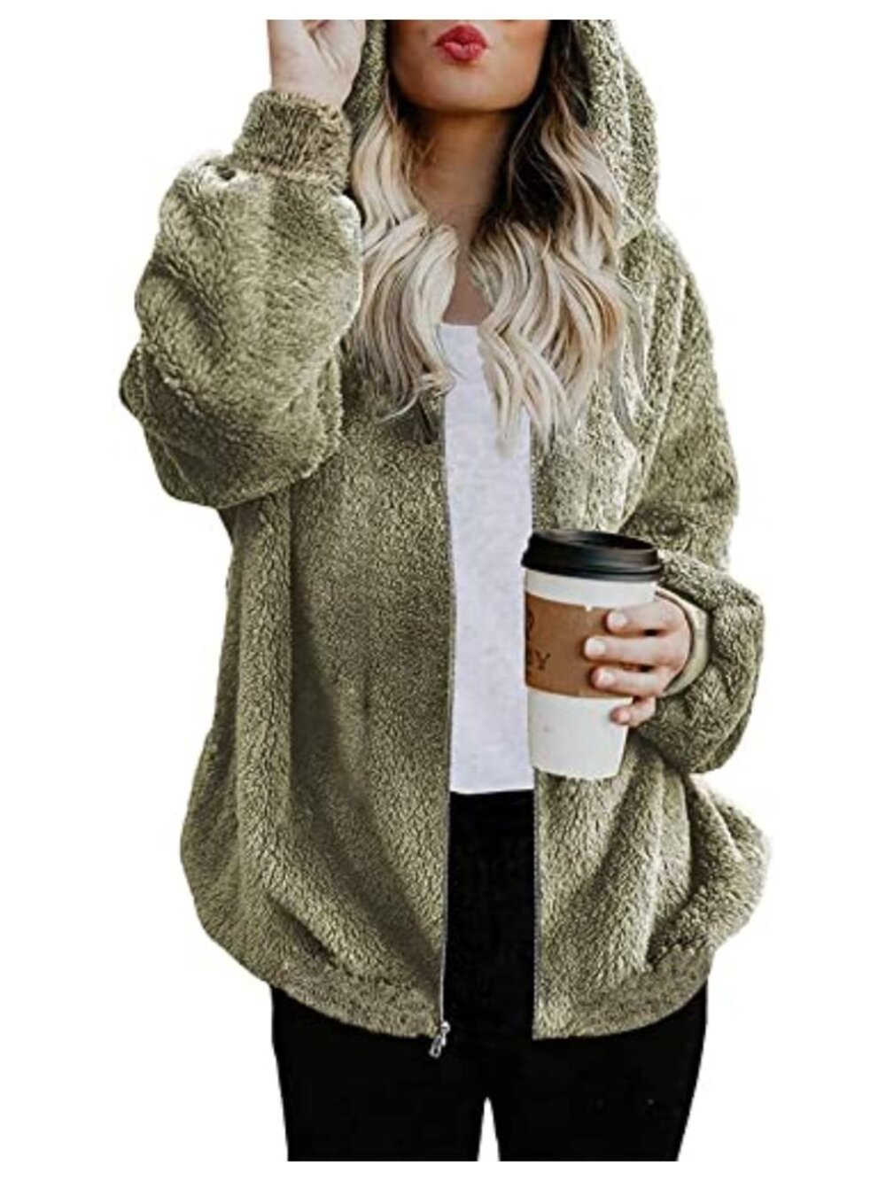 Womens Zip Up Fuzzy Fleece Sweater Jacket Oversized Sherpa Hoodie Coat with